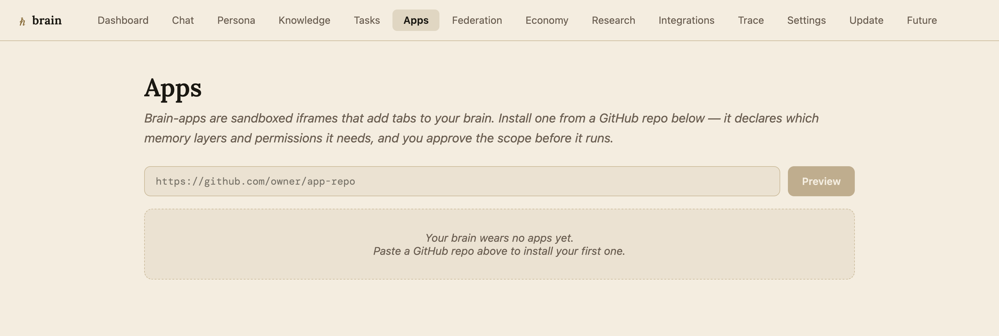 The brain's Apps tab — paste the hbar.ink repo to install it as a sandboxed tab in your own brain.